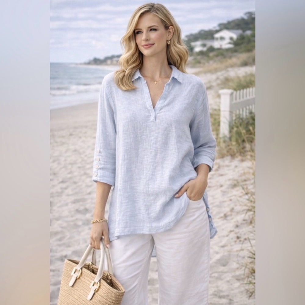 Tahari 100% Linen Tunic Blouse‎ White Medium Collared 3/4 Sleeve